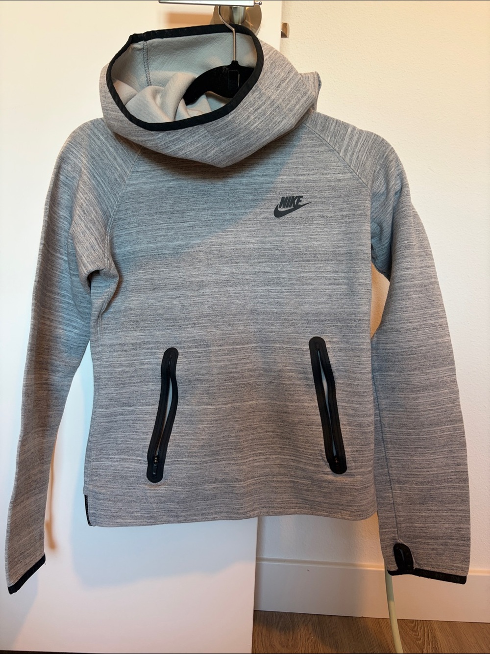 Nike Women Grey Hooded Fleece Pullover with Black Trim